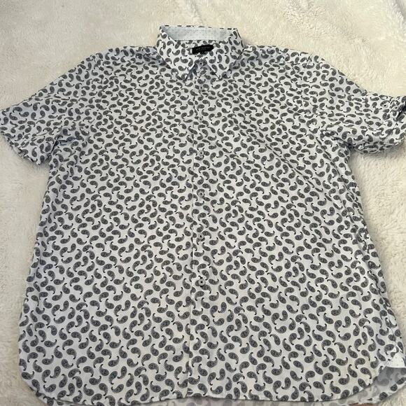 Ted Baker London Shirt Mens Size 7 Medium Short Sleeve Cotton Paisley Blk/White - Picture 2 of 6